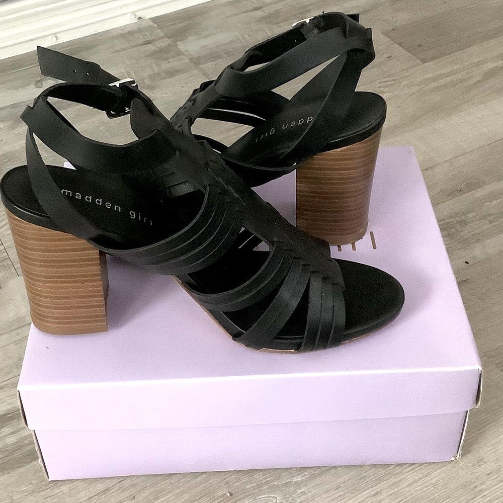 Madden Girl Reine Black Woven Chunky Heels